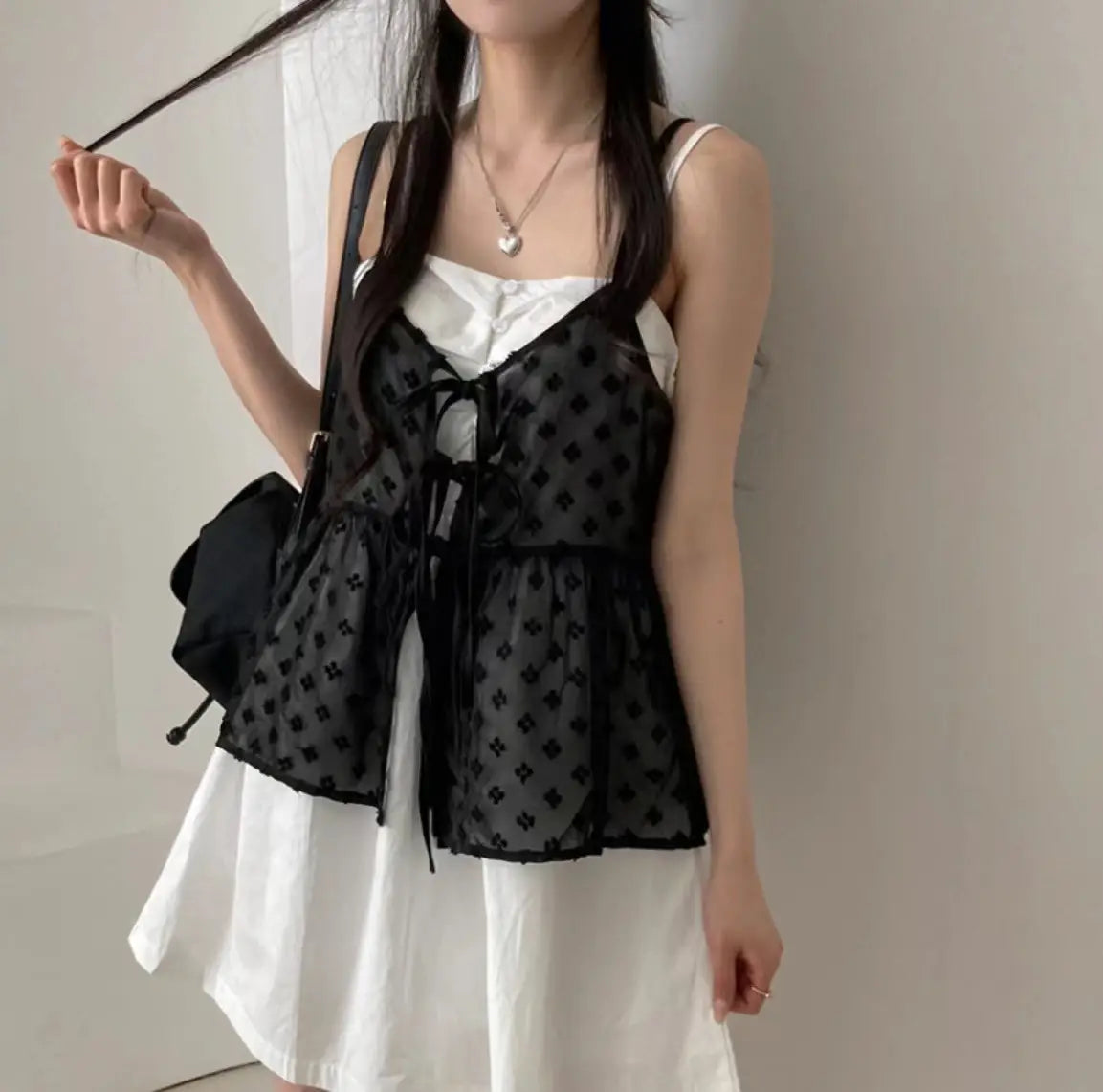 V-neck Lace-up Design Embroidery Jacquard All-match Bandage Dress Sling