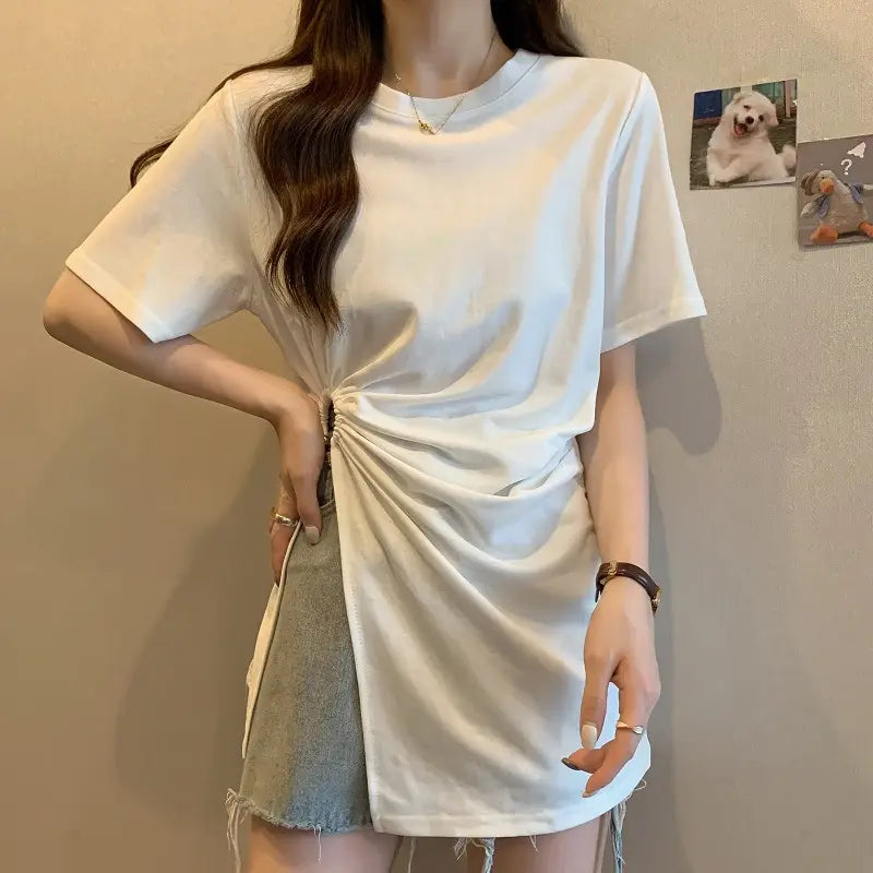 Cotton Irregular Split Short-sleeved T-shirt Women’s Summer