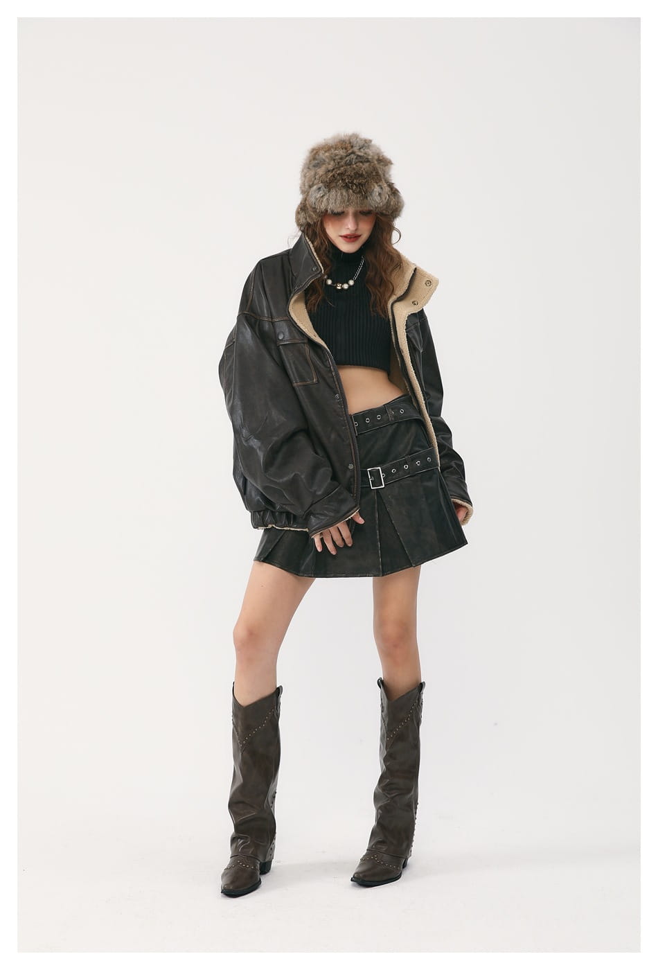 Winter PU Leather Coat Cotton-padded Coat Stand Collar Coat Thickened Lamb Wool