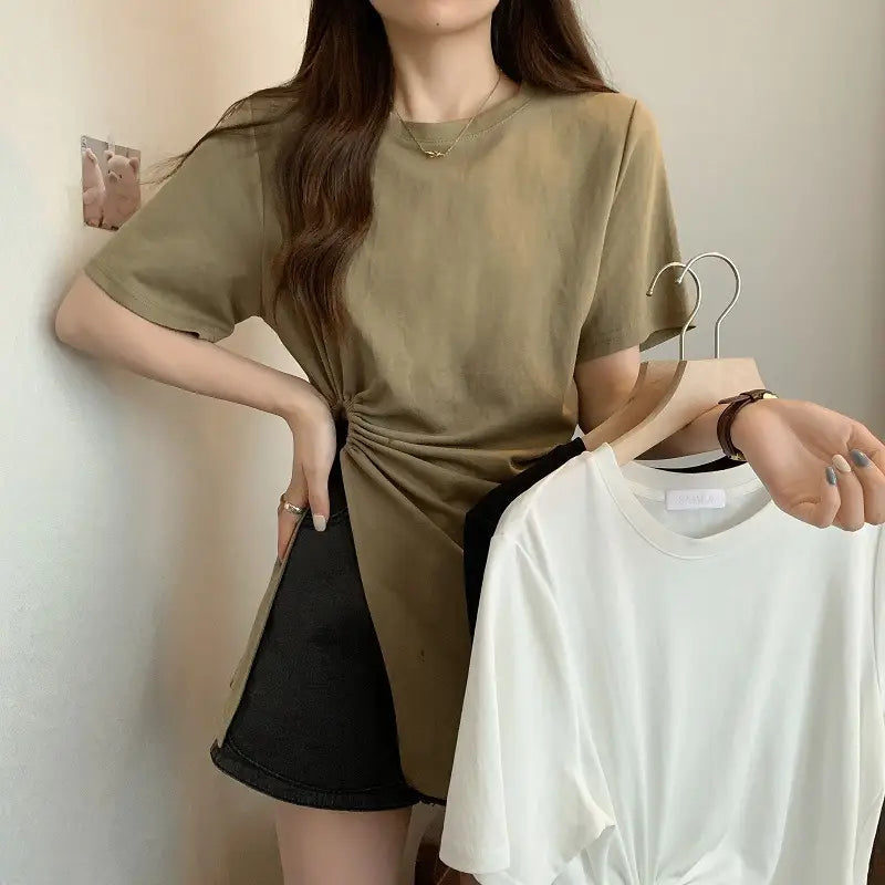 Cotton Irregular Split Short-sleeved T-shirt Women’s Summer