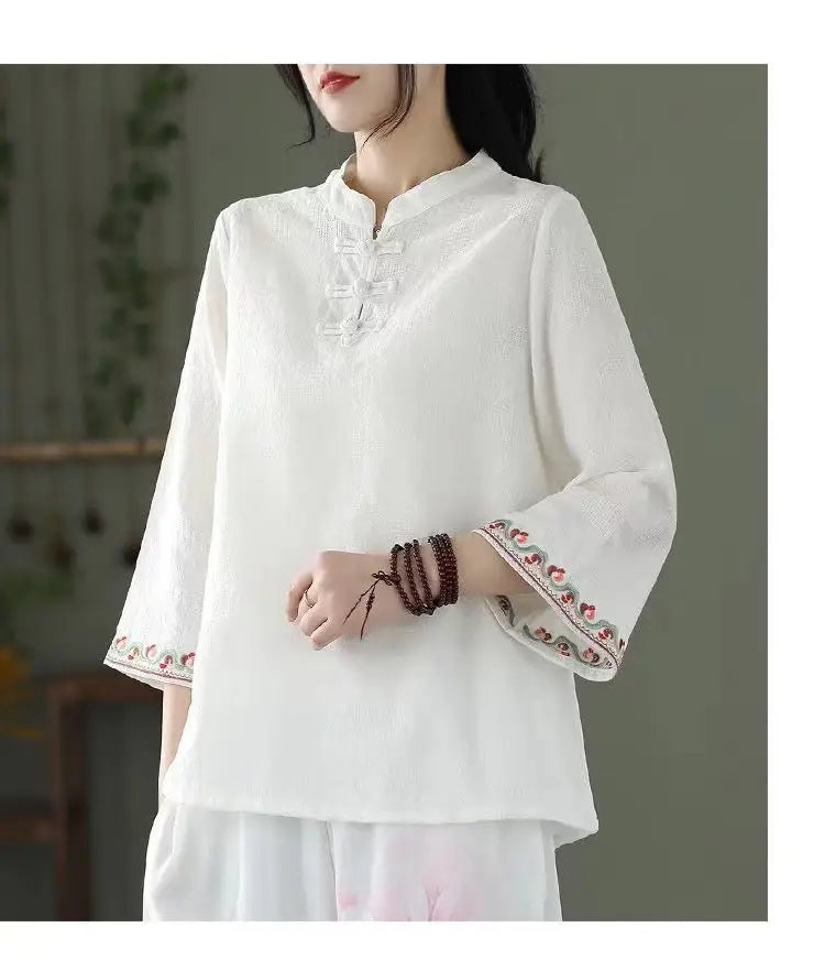Artistic Cotton Linen Jacquard Embroidered Bell Sleeve Shirt