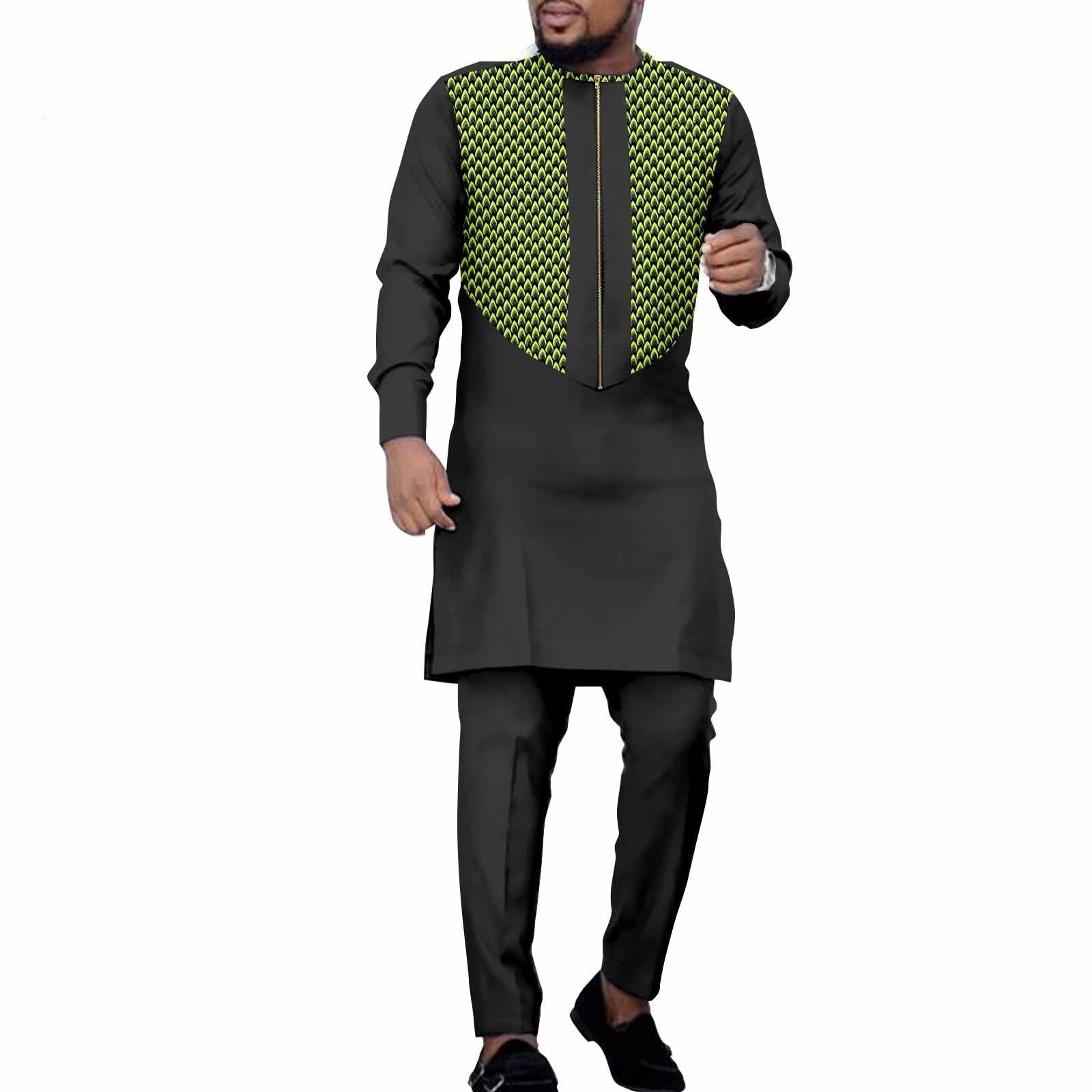 African Ethnic Solid Color Men’s Leisure Suit Top Pants - Black And Green / L