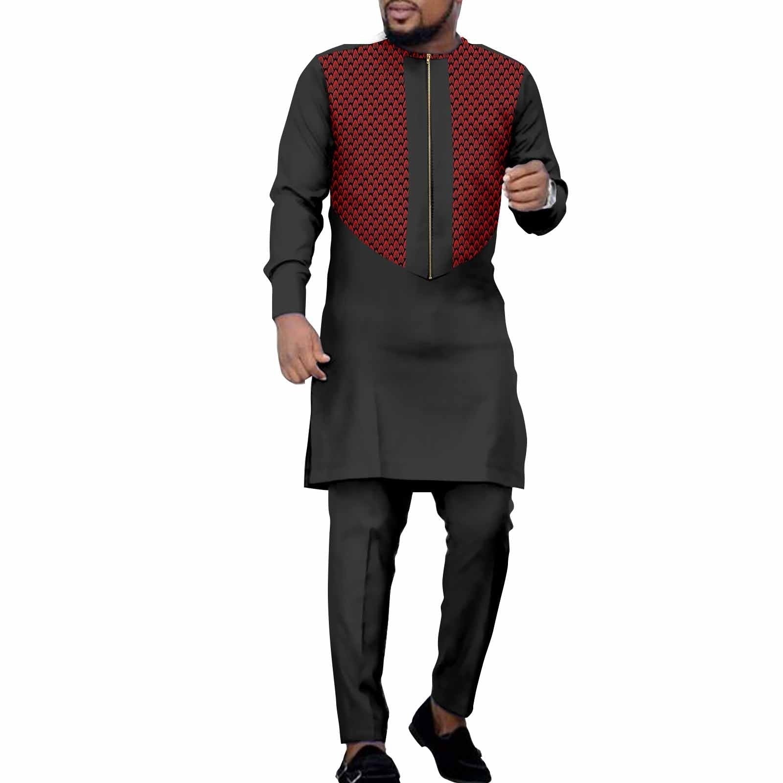 African Ethnic Solid Color Men’s Leisure Suit Top Pants - Black And Red / L