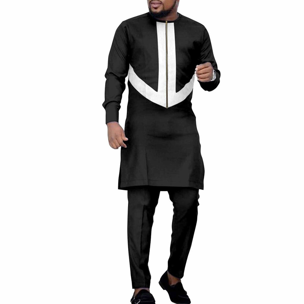 African Ethnic Solid Color Men’s Leisure Suit Top Pants - Black And White / L