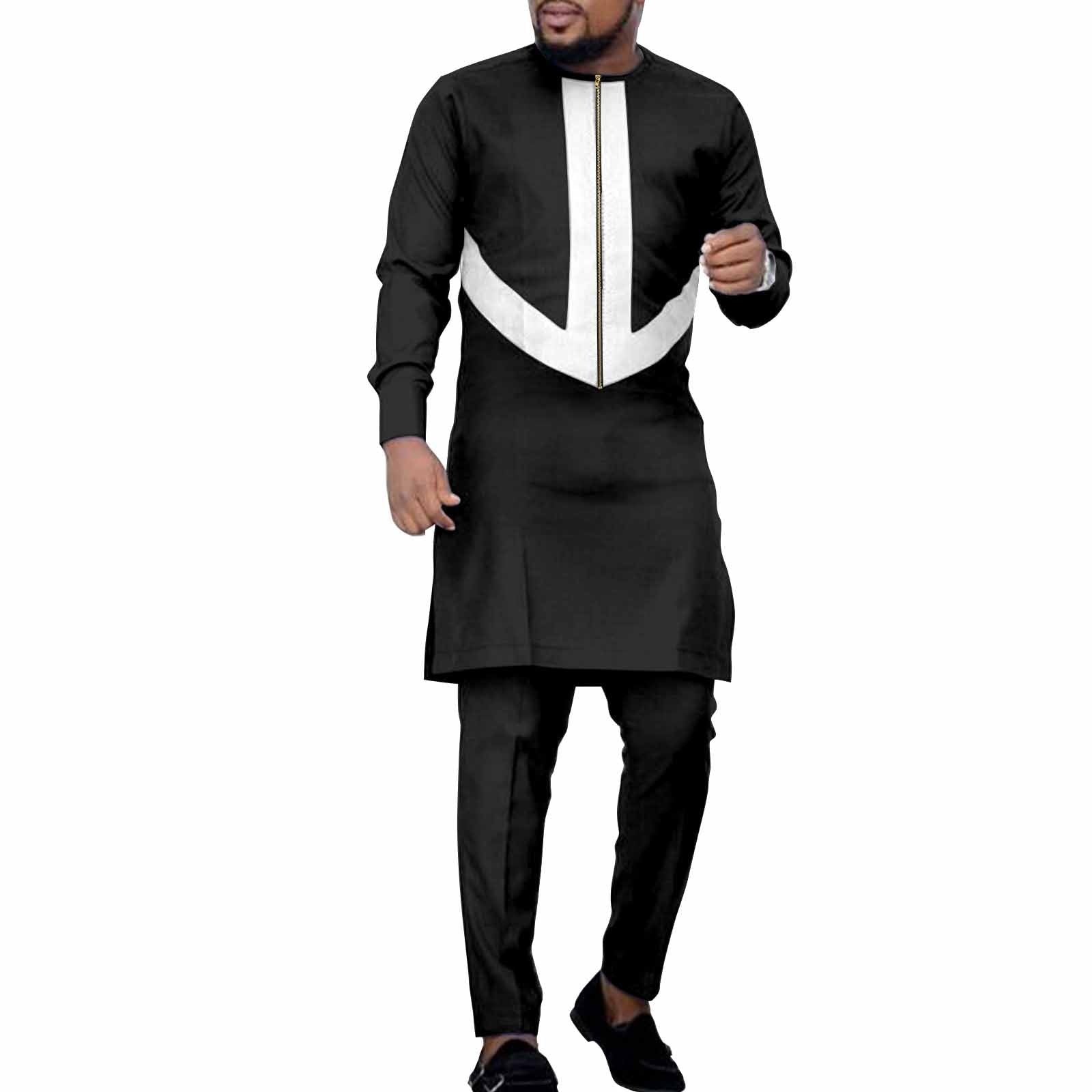 African Ethnic Solid Color Men’s Leisure Suit Top Pants - Black And White / L