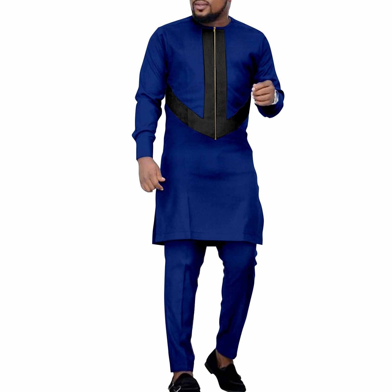 African Ethnic Solid Color Men’s Leisure Suit Top Pants - Blue And Black / L