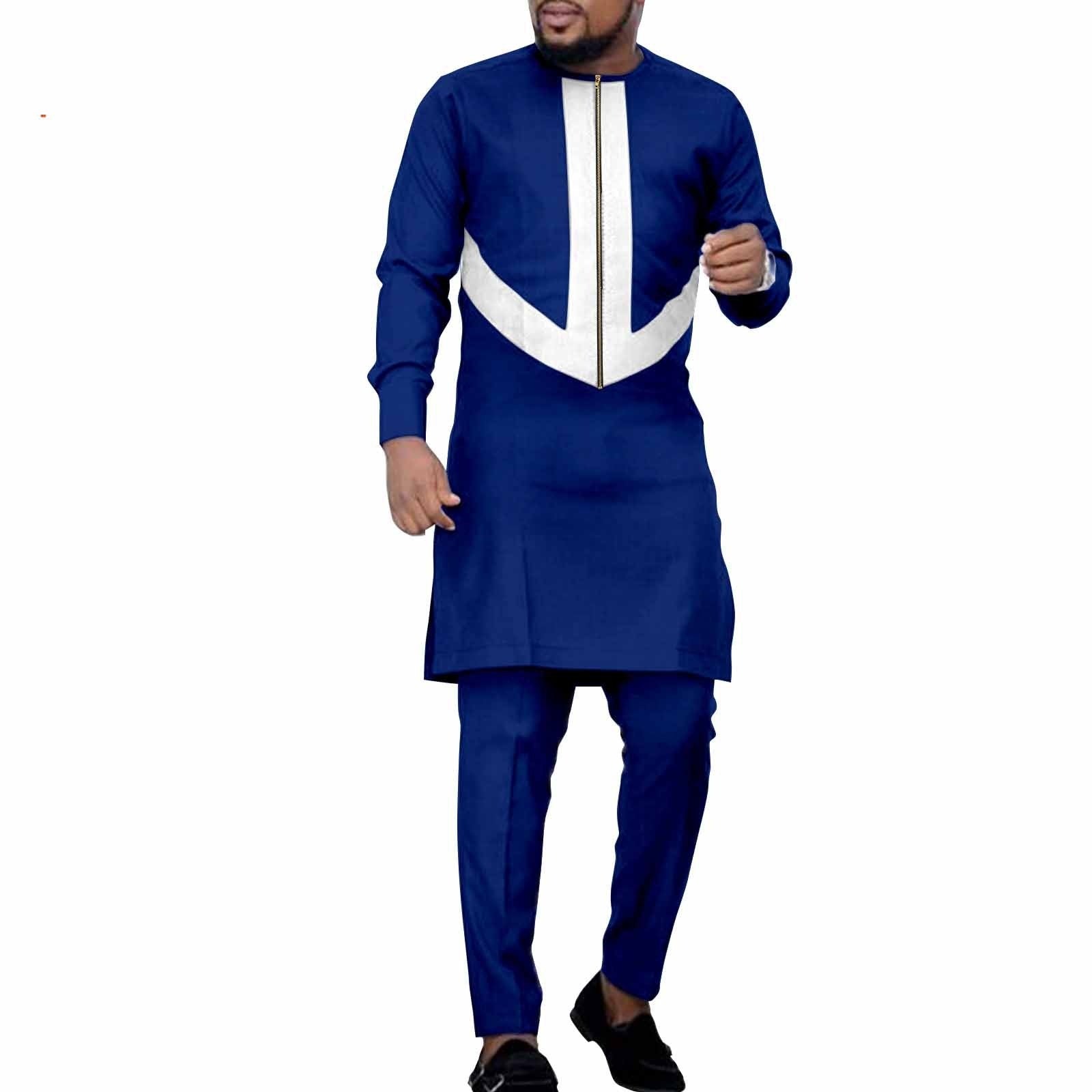 African Ethnic Solid Color Men’s Leisure Suit Top Pants - Blue And White / L