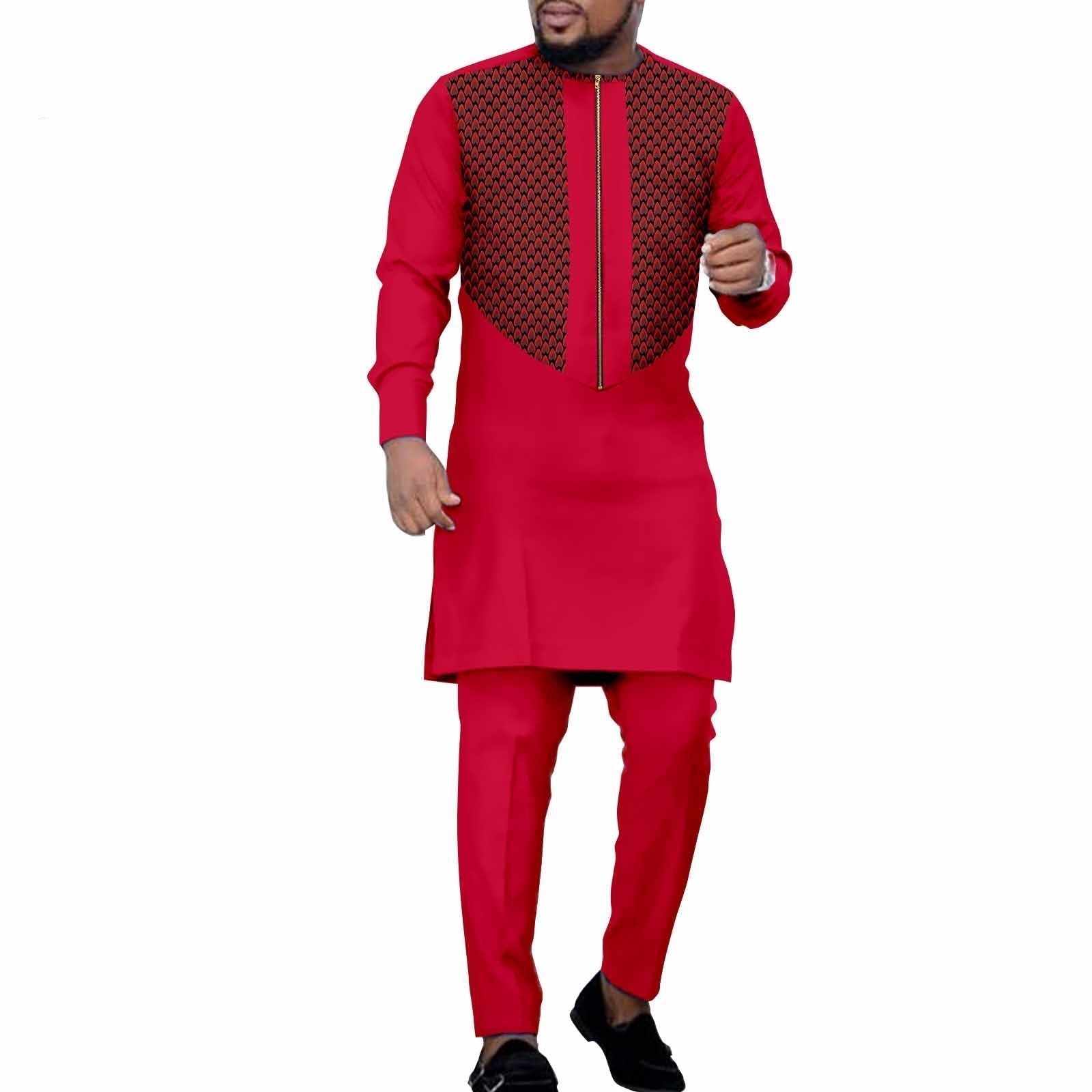 African Ethnic Solid Color Men’s Leisure Suit Top Pants - Red And Black / L