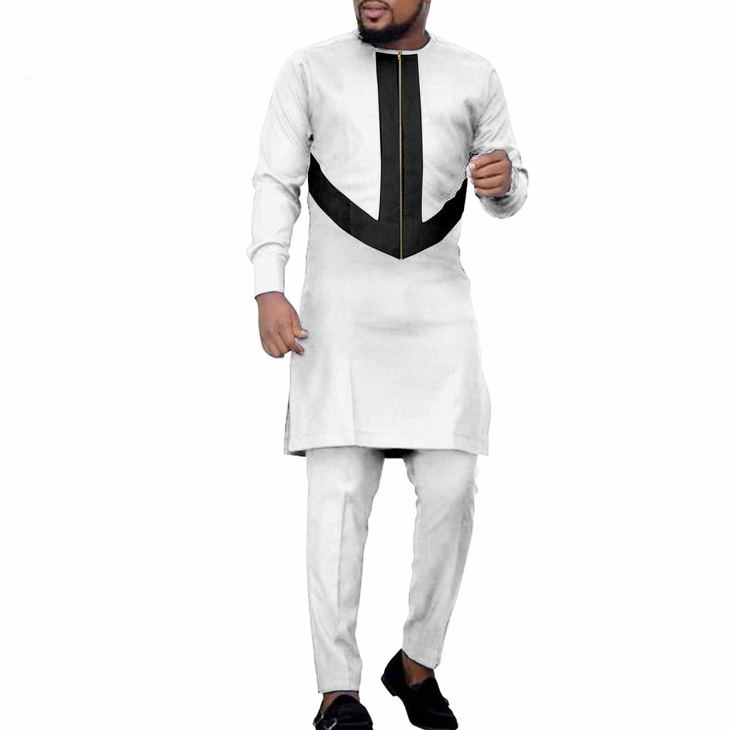 African Ethnic Solid Color Men’s Leisure Suit Top Pants - White And Black / L