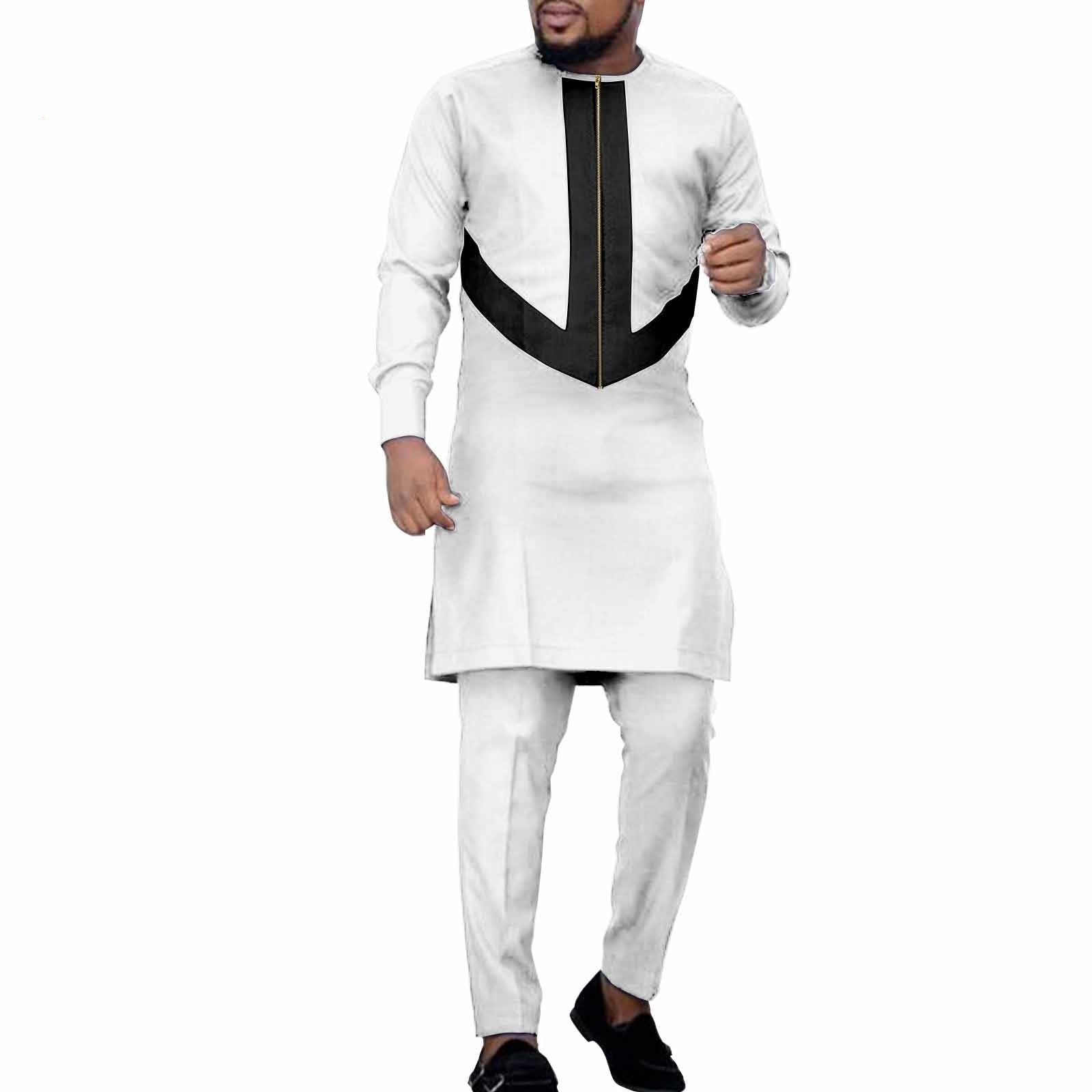 African Ethnic Solid Color Men’s Leisure Suit Top Pants - White And Black / L