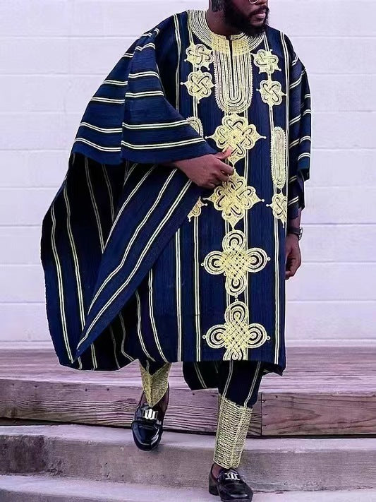 African Ethnic Print Casual Men’s Three-piece Suit - Dark Blue / S