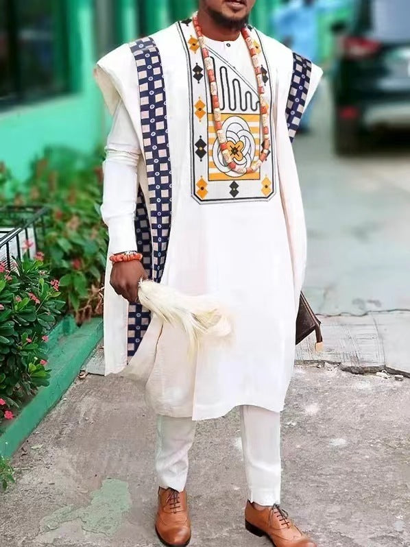 African Ethnic Print Casual Men’s Three-piece Suit - White / S