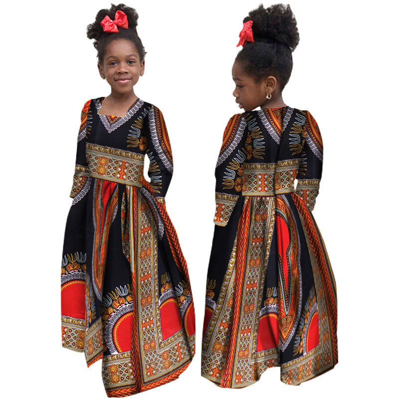 African Girl’s Dress Cotton Long-sleeved Daxiji Dress - D / M