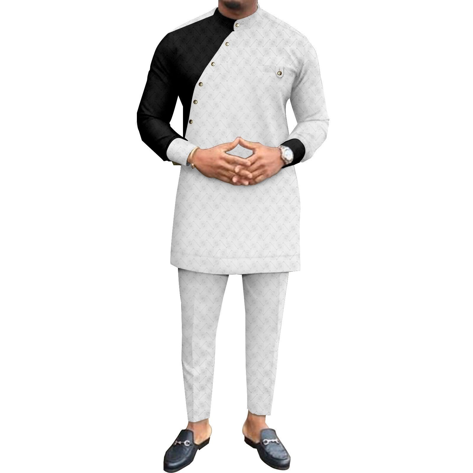 African National Pure Color Cotton Men’s Leisure Suit Top Pants - Black and white / Average Size