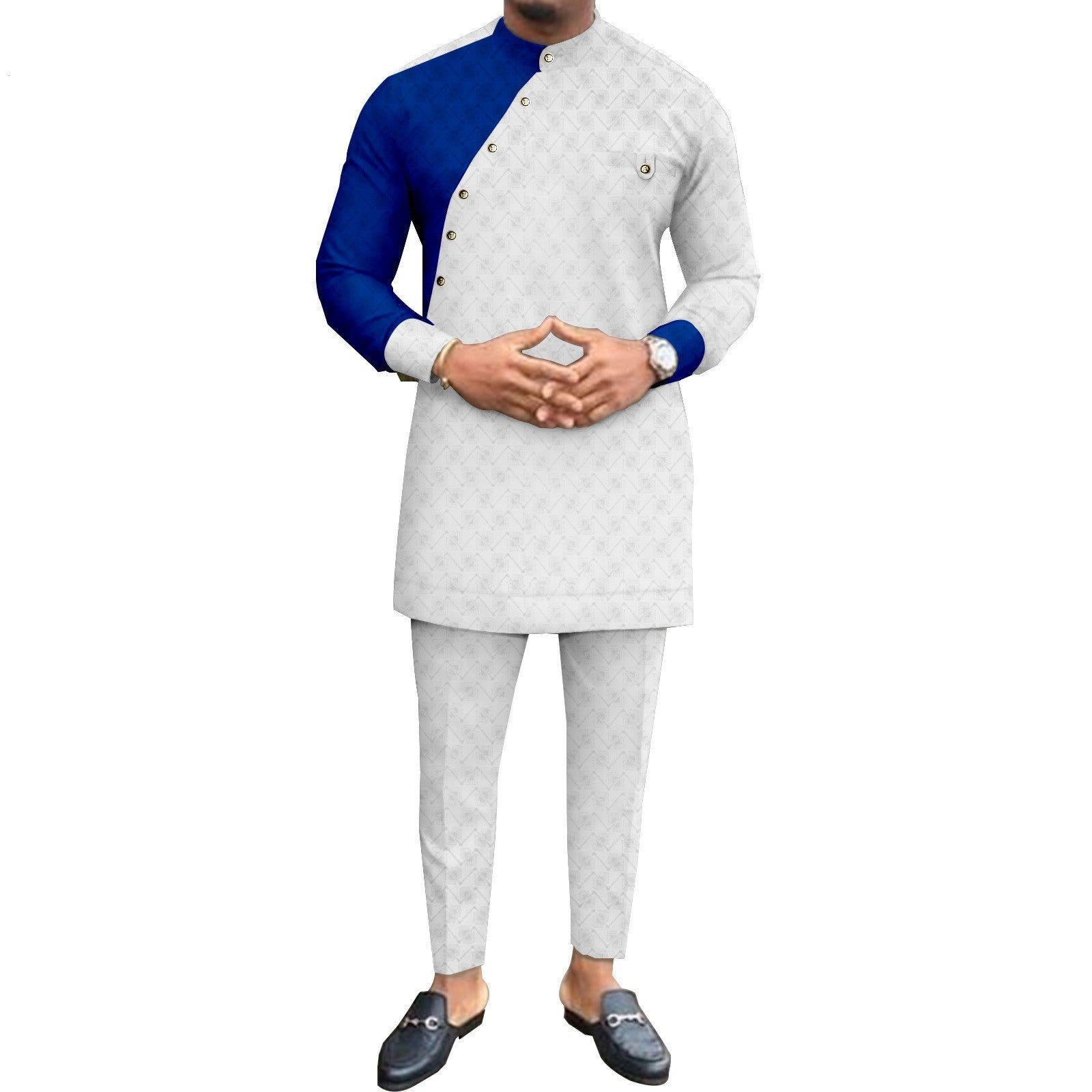 African National Pure Color Cotton Men’s Leisure Suit Top Pants - blue and white color / Average Size