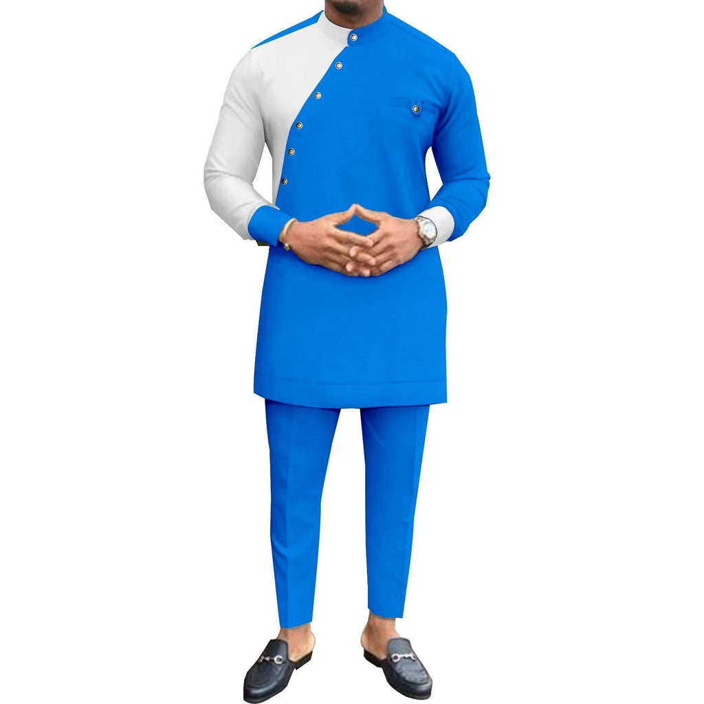 African National Pure Color Cotton Men’s Leisure Suit Top Pants - Blue / Average Size