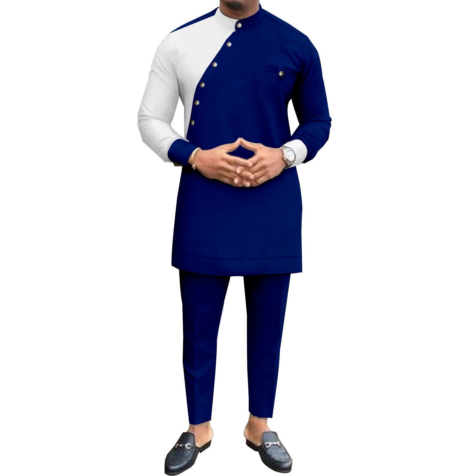 African National Pure Color Cotton Men’s Leisure Suit Top Pants - Dark Blue / Average Size