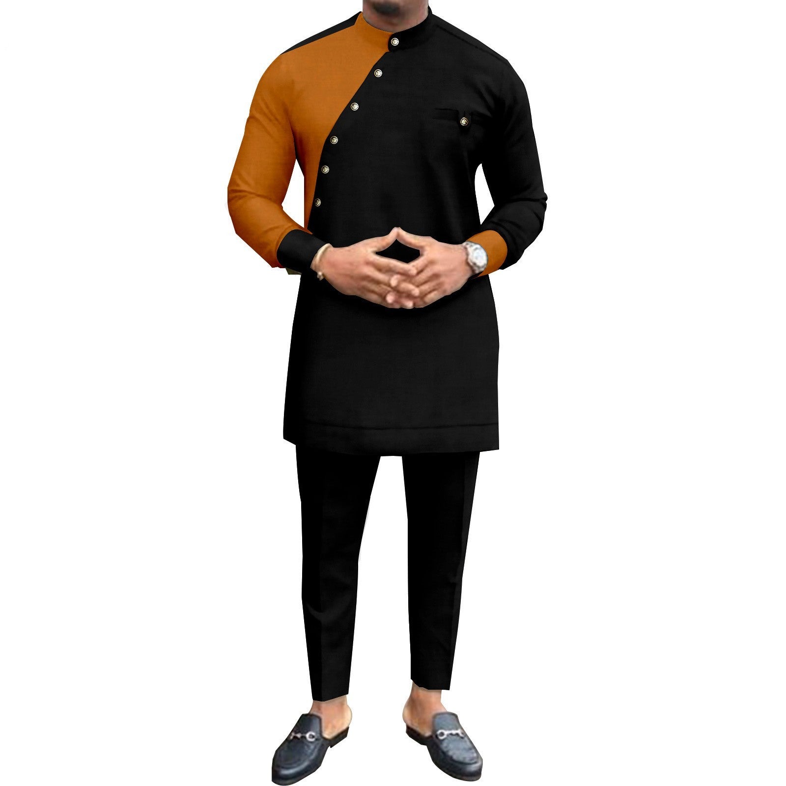 African National Pure Color Cotton Men’s Leisure Suit Top Pants - Yellowish Brown / Average Size