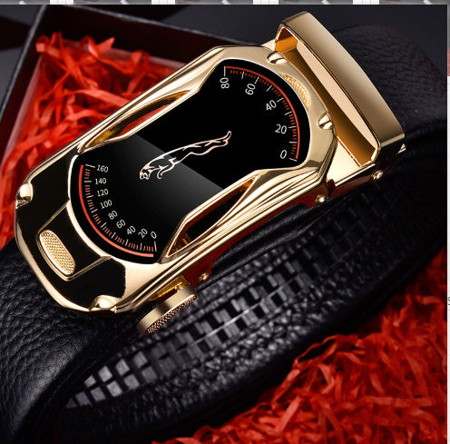 Men’s leather belt - Gold Sports car 105cm