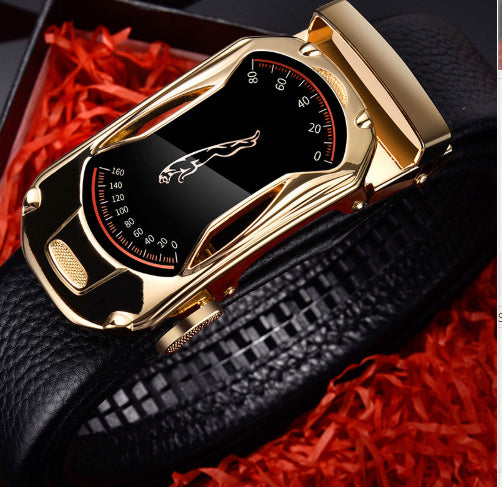 Men’s leather belt - Gold Sports car 110cm