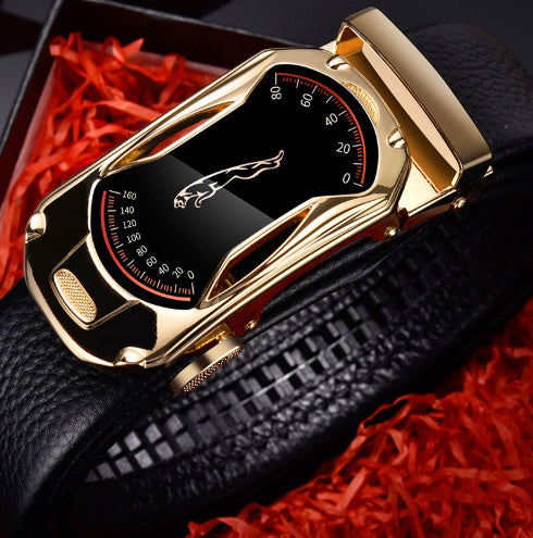 Men’s leather belt - Gold Sports car 115cm