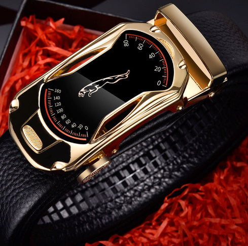 Men’s leather belt - Gold Sports car 125cm