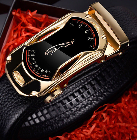 Men’s leather belt - Gold Sports car 130cm