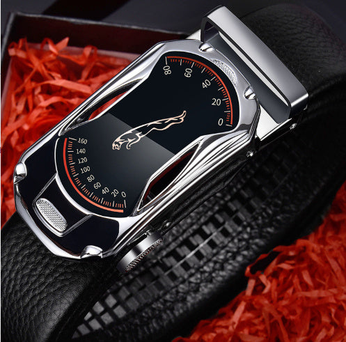 Men’s leather belt - Silver Sports car 105cm