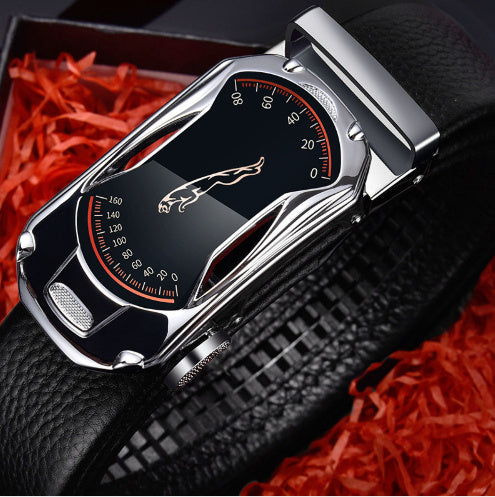 Men’s leather belt - Silver Sports car 110cm