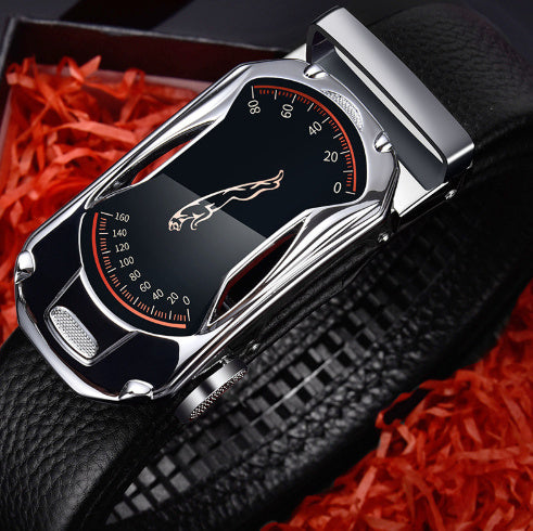 Men’s leather belt - Silver Sports car 115cm
