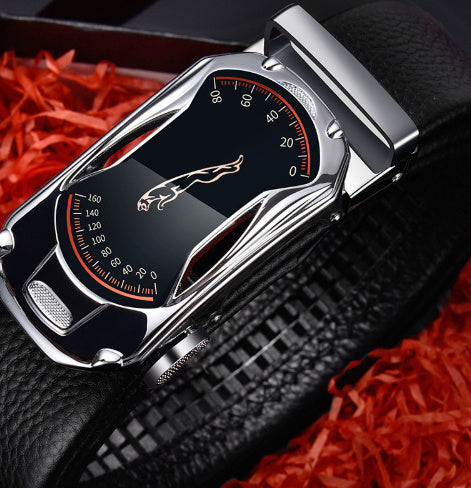 Men’s leather belt - Silver Sports car 130cm