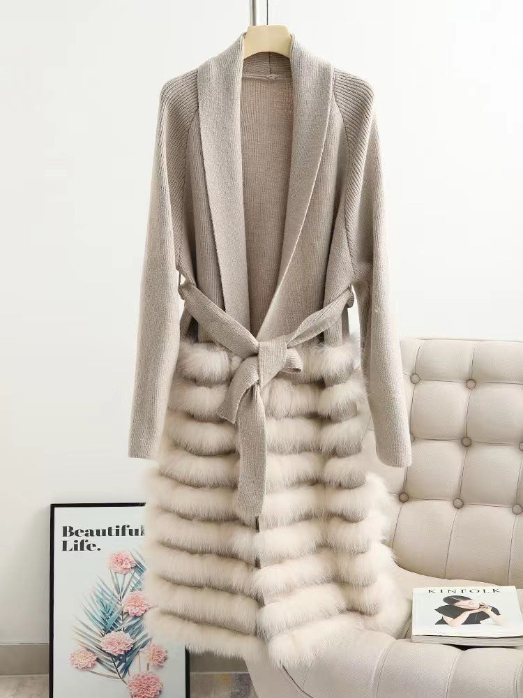 Real Fox Fur Casual Loose Sweater Lace-up Women - Apricot / Free Size