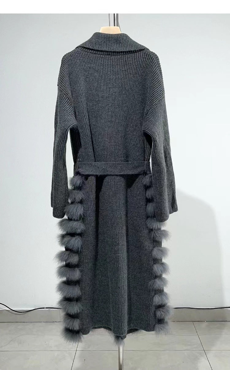 Real Fox Fur Casual Loose Sweater Lace-up Women - Gray / Free Size