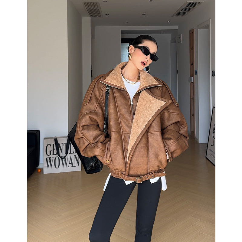 Retro Motorcycle Clothing Lapel With Velvet Thickened Fur Jacket - Amber Brown / M