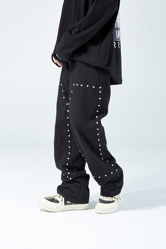 Solid Color Rivets Overalls Europe And America Retro Casual Pants - Black / M