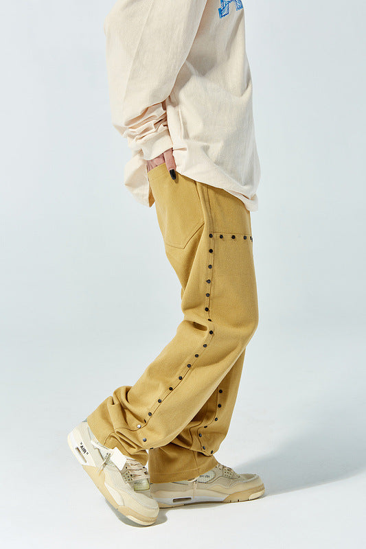 Solid Color Rivets Overalls Europe And America Retro Casual Pants - Yellow / M