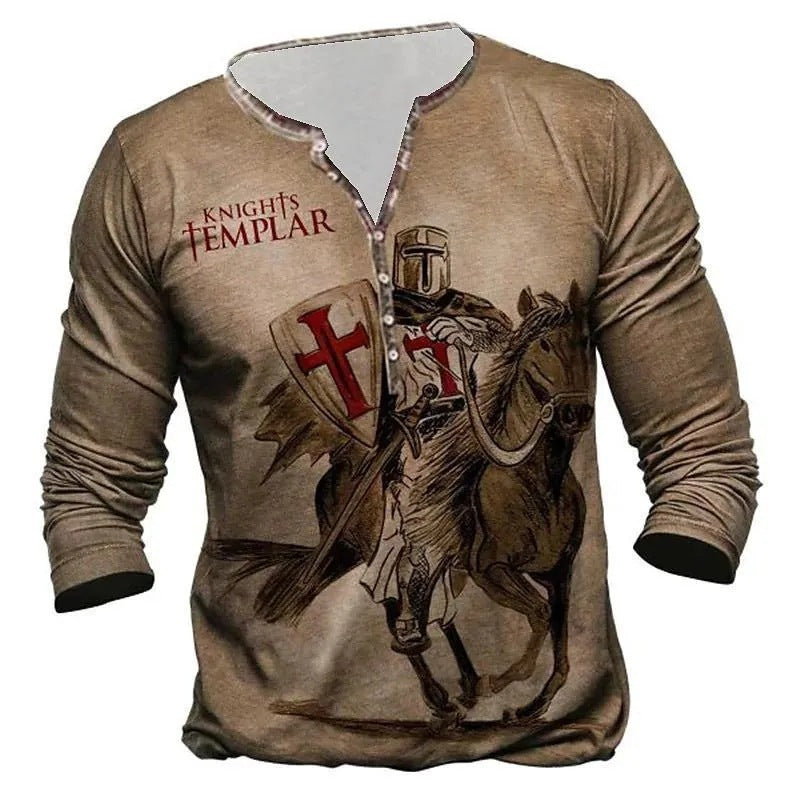 European And American Digital Printing Men’s Long-sleeved Medieval T-shirt - D / 2XL