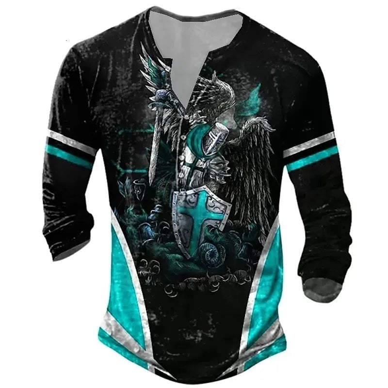European And American Digital Printing Men’s Long-sleeved Medieval T-shirt - H / 2XL