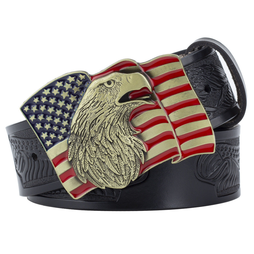 Eagle Buckle Genuine Leather Men’s Casual Belt Leisure Fashion Clothing Accessories - Eagle Black Belt / American flag