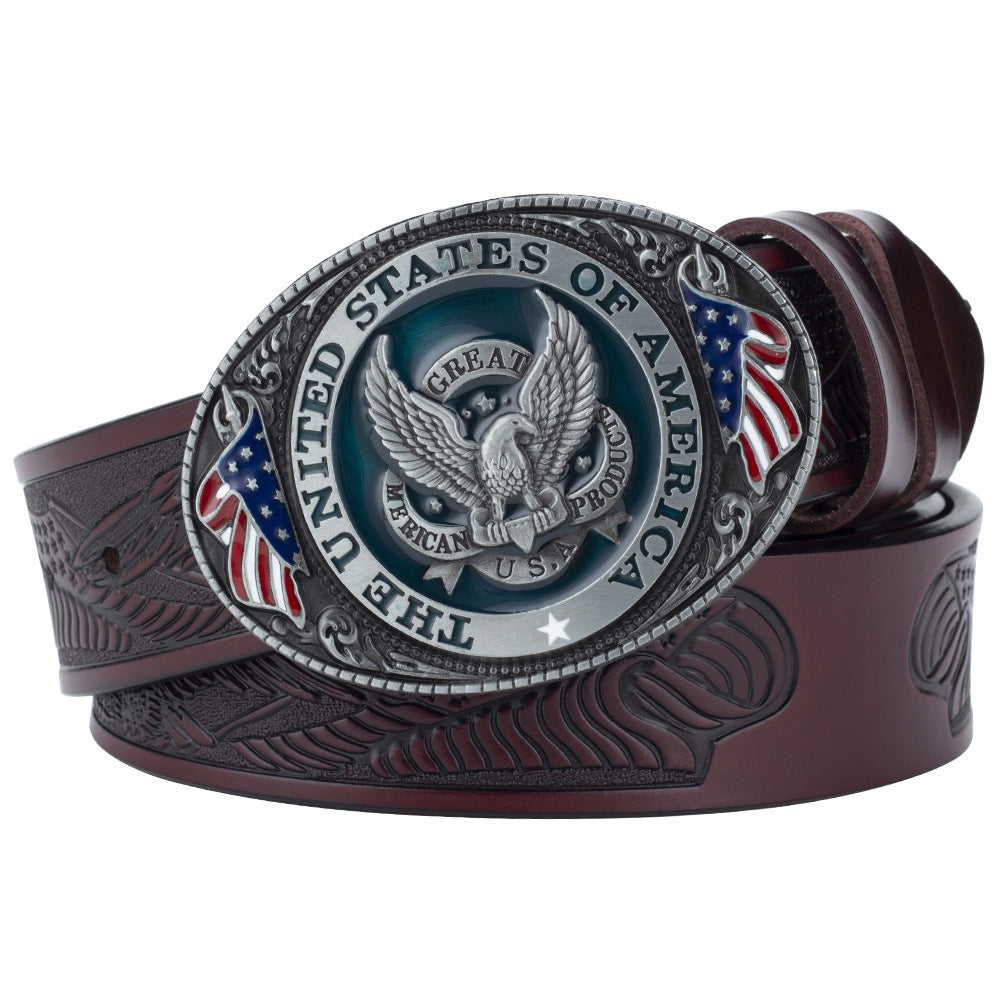 Eagle Buckle Genuine Leather Men’s Casual Belt Leisure Fashion Clothing Accessories - Eagle Brown Leather Belt / Oval