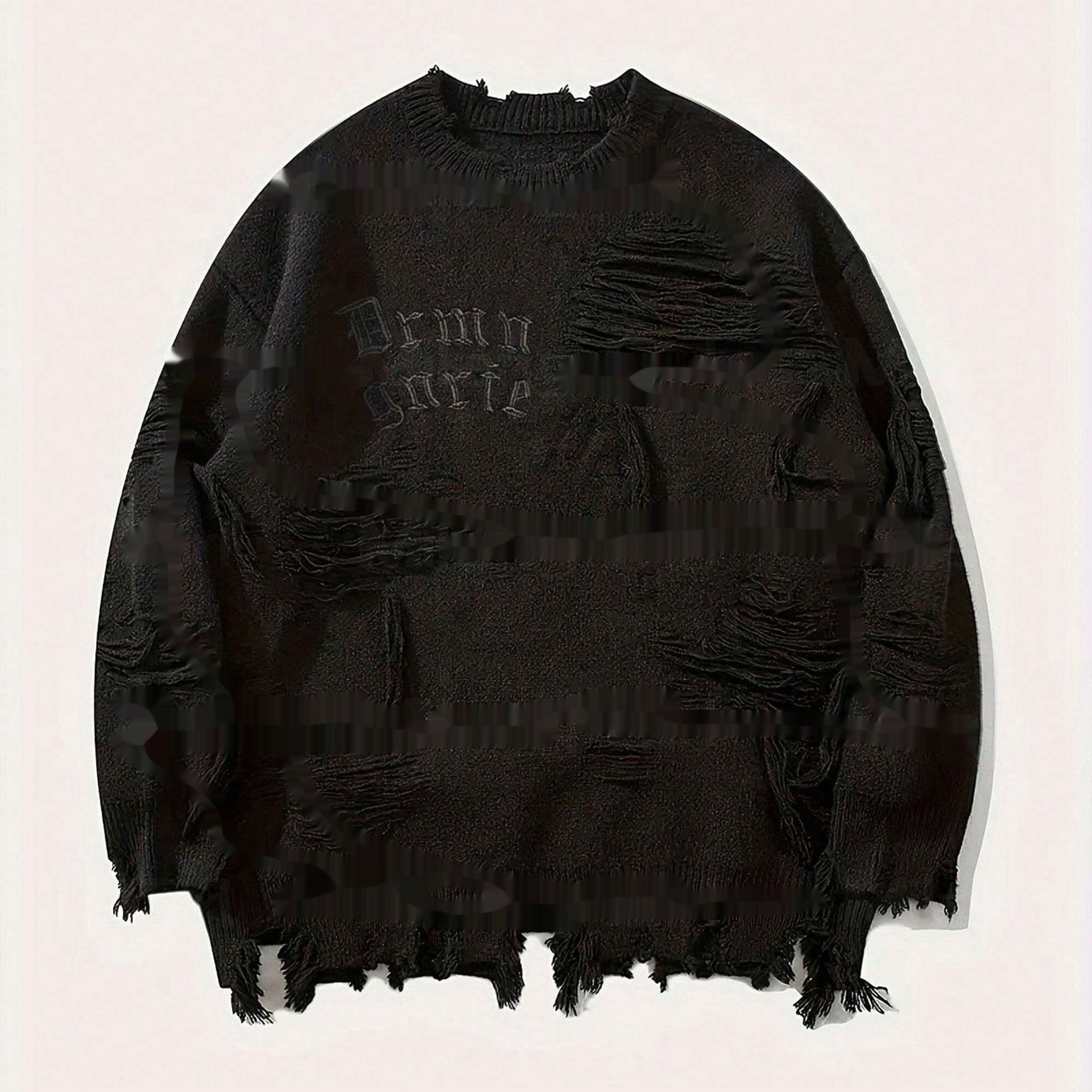 American New Dark Letter Jacquard Ripped Long Sleeves Warm Sweater - Black / M