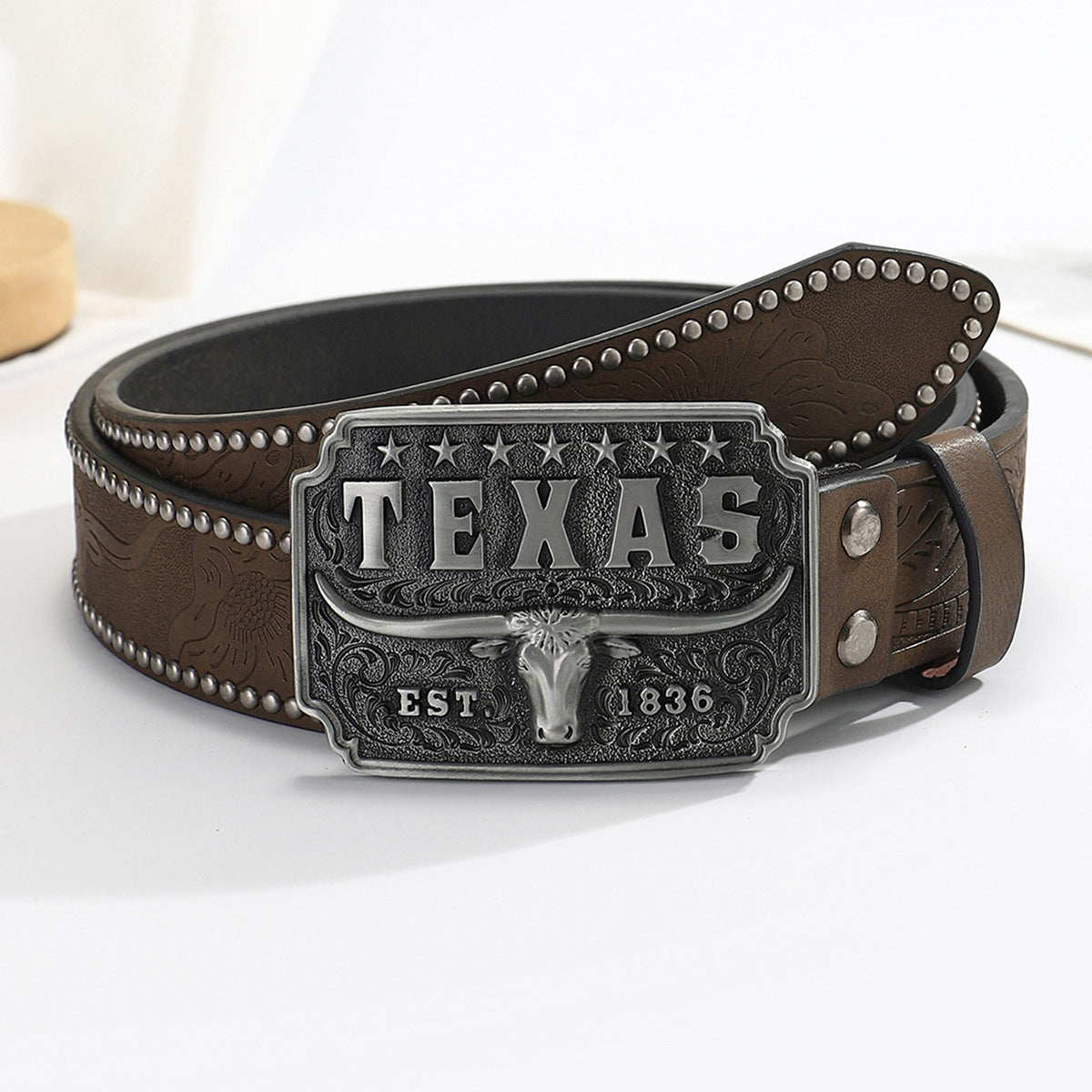 American Retro Embossing Cow Head Buckle Simple All-match Western Denim Belt - Brown / 120cm