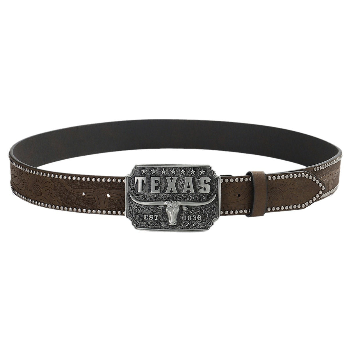 American Retro Embossing Cow Head Buckle Simple All-match Western Denim Belt - Brown / 120cm