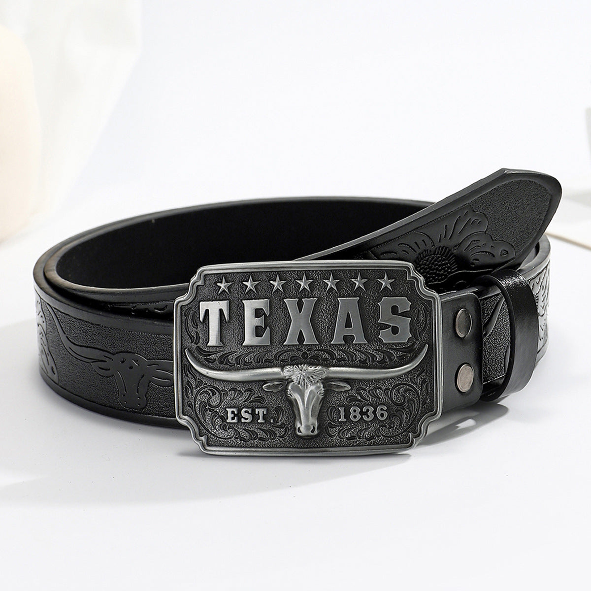 American Retro Embossing Cow Head Buckle Simple All-match Western Denim Belt - Brown / 120cm