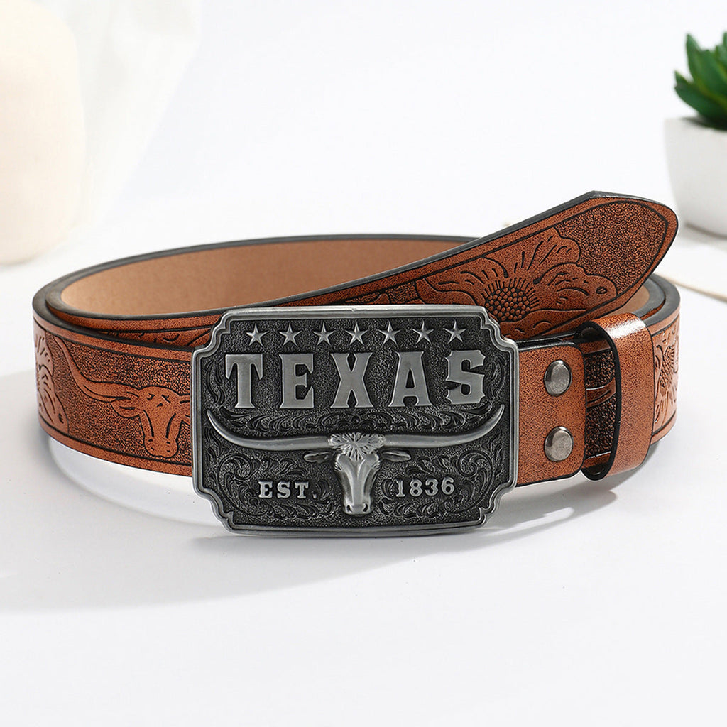 American Retro Embossing Cow Head Buckle Simple All-match Western Denim Belt - Brown / 120cm