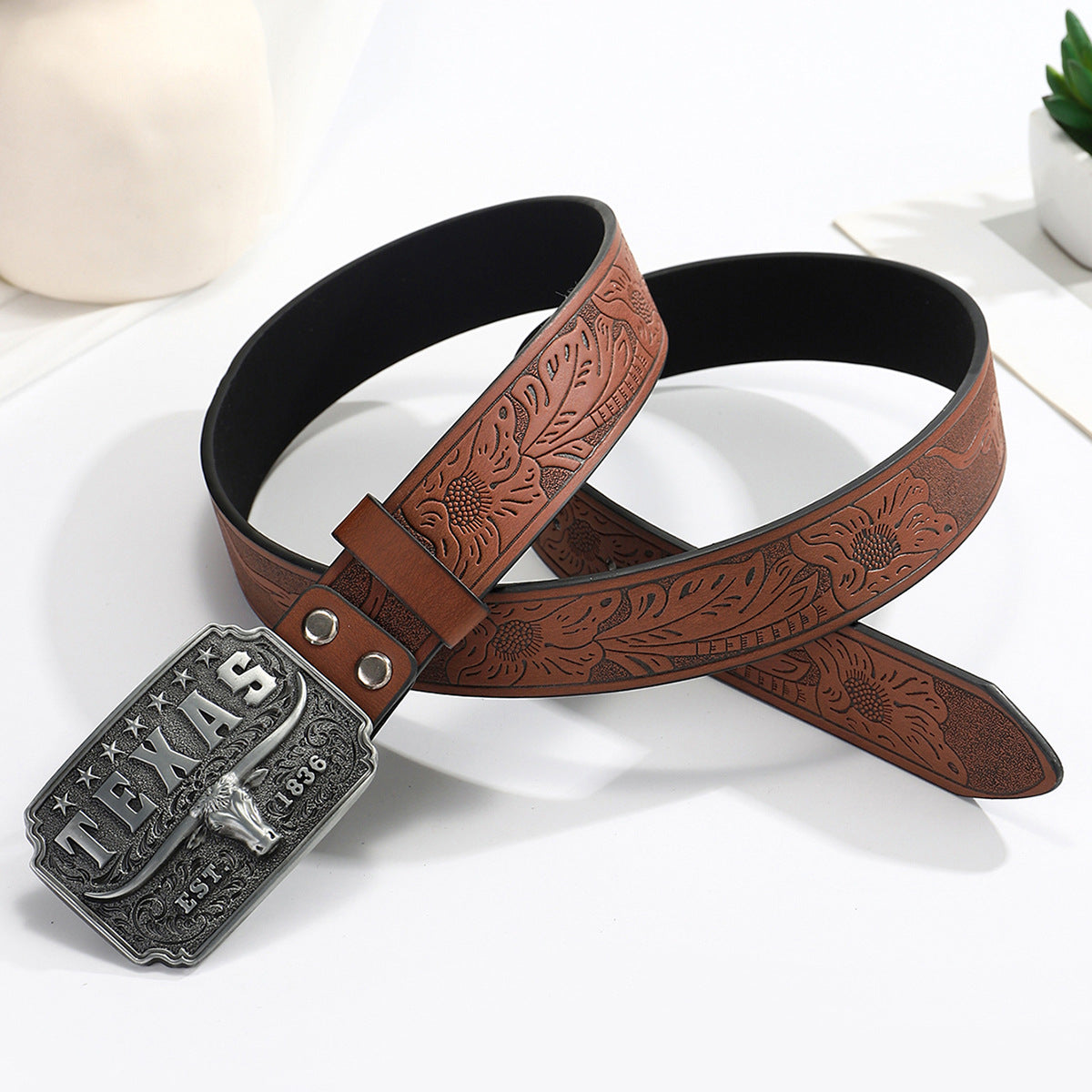 American Retro Embossing Cow Head Buckle Simple All-match Western Denim Belt - Brown / 120cm