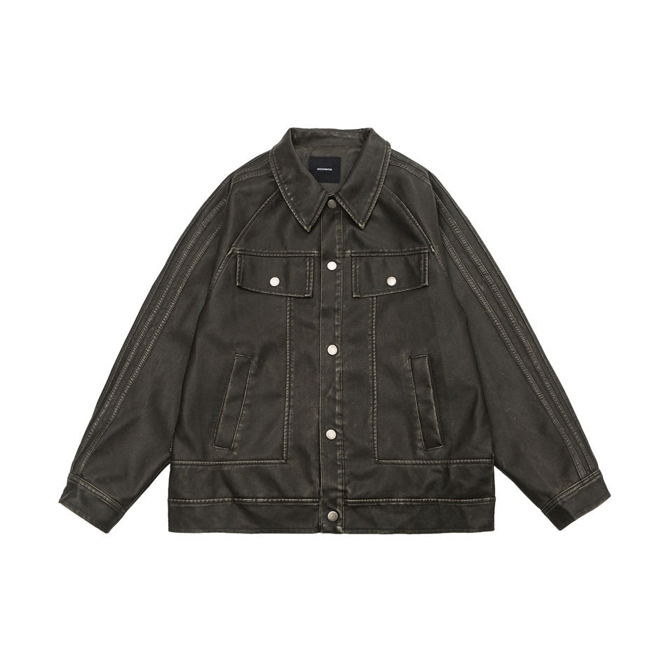 American Retro Distressed Lapel PU Leather For Men And Women Biker’s Leather Jacket - Gray Green / M