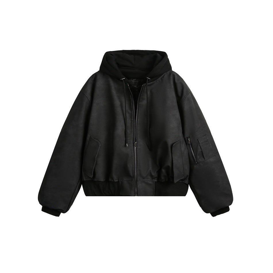 American Retro Fake Two-piece Flight Jacket Winter Cotton-padded Coat - Black Regular / M