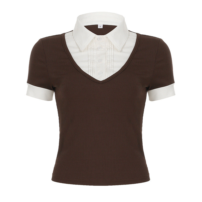 American Retro Polo Collar Stitching Fake Two Pieces Short Sleeve T-shirt For Women - Brown / S