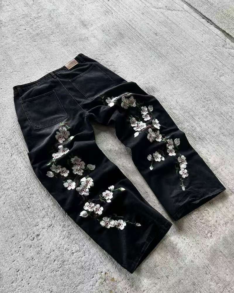 American Retro Washed Summer New Casual Loose Trousers - Black Jeans Flowers / S
